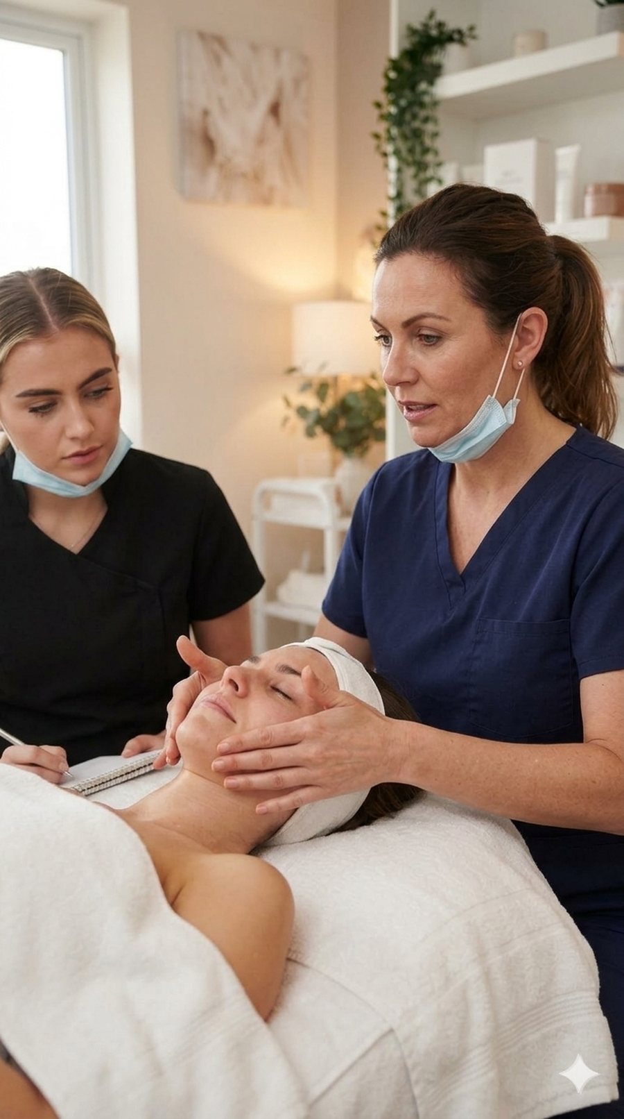 A senior therapist guiding a junior therapist through a facial treatment while she takes notes
