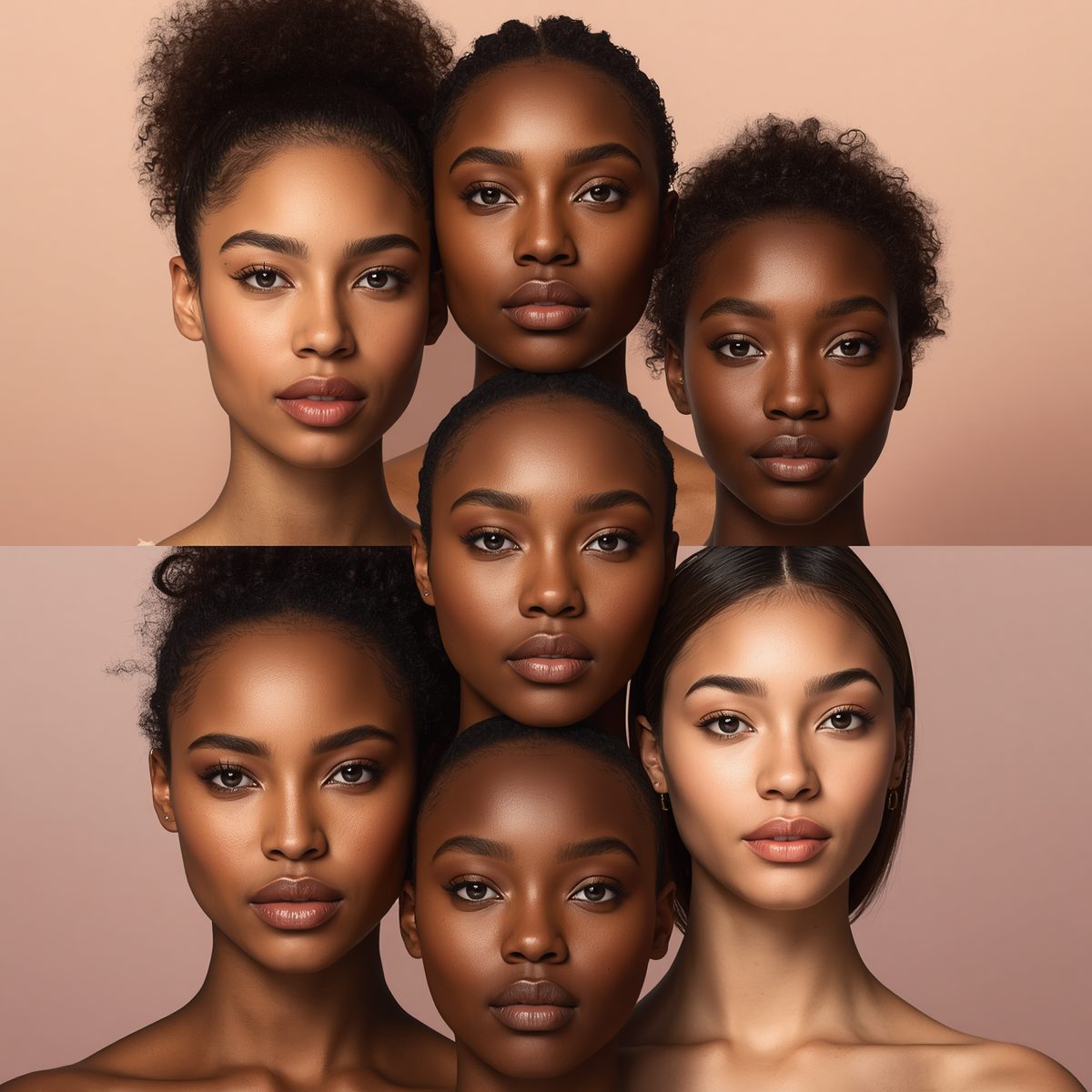 Portraits of seven women with a range of skin tones and hair textures against a soft blush background