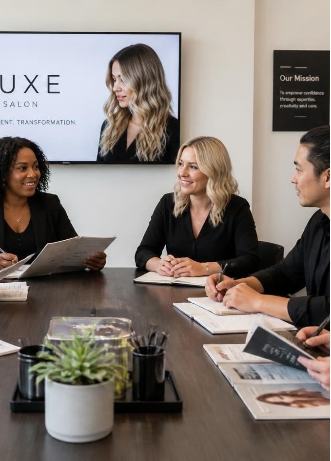 A salon owner smiling during a team meeting, with a mission statement on the wall behind her