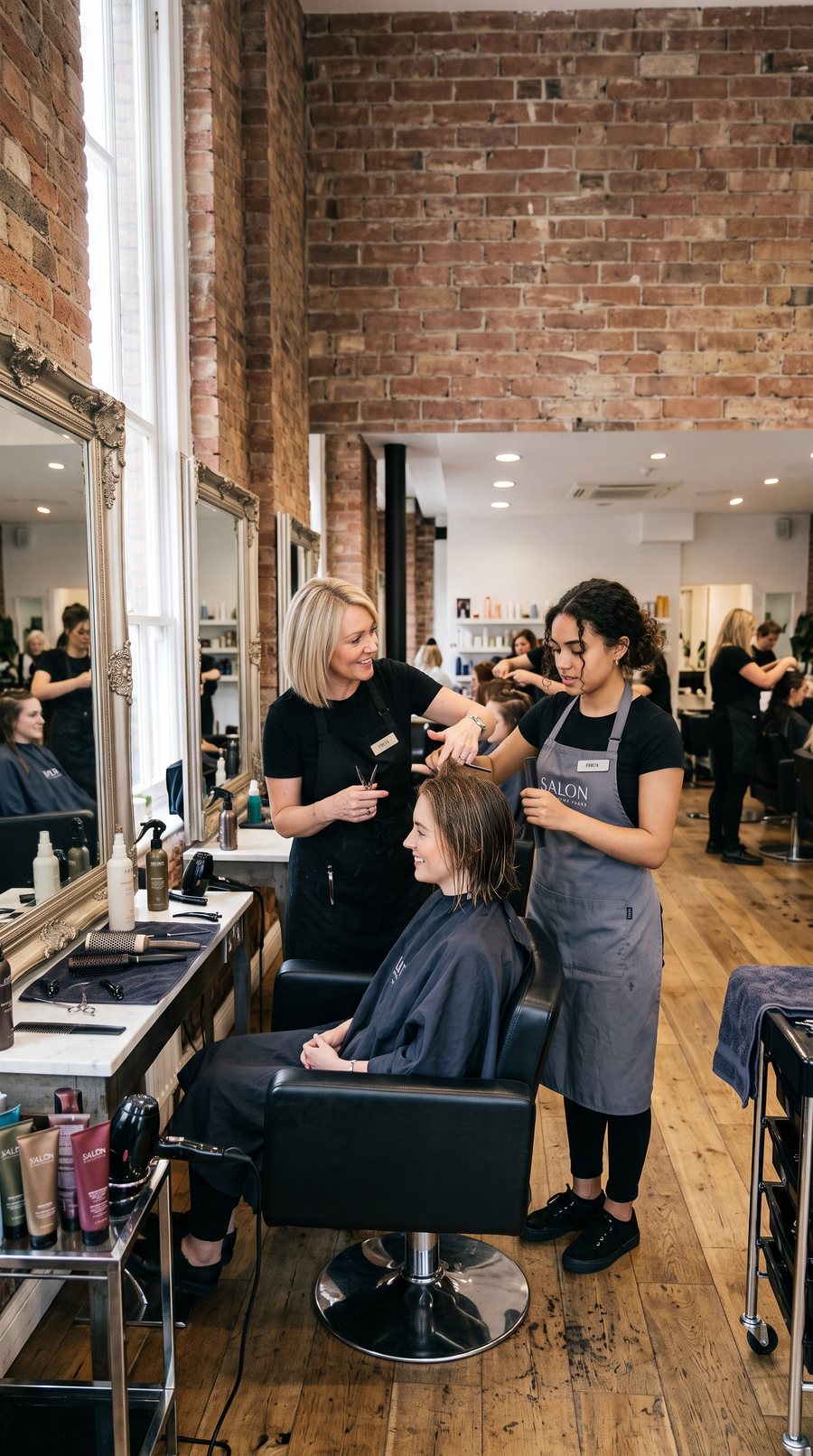 A senior stylist guiding a junior colleague through a haircut in the salon